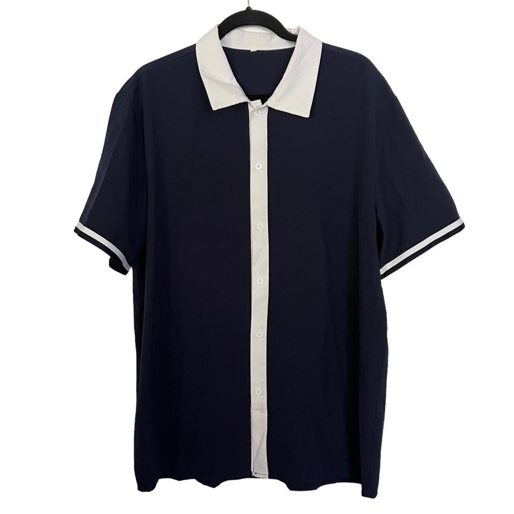 Shein Blue White Trim Short Sleeve Button Up Shirt XL